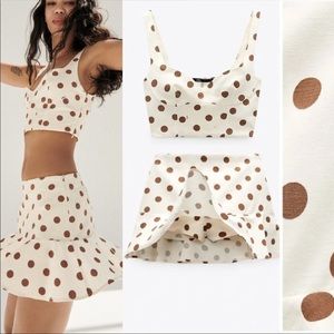 Zara linen mini skirt (built in shorts under) & crop set Sz small cream/brown